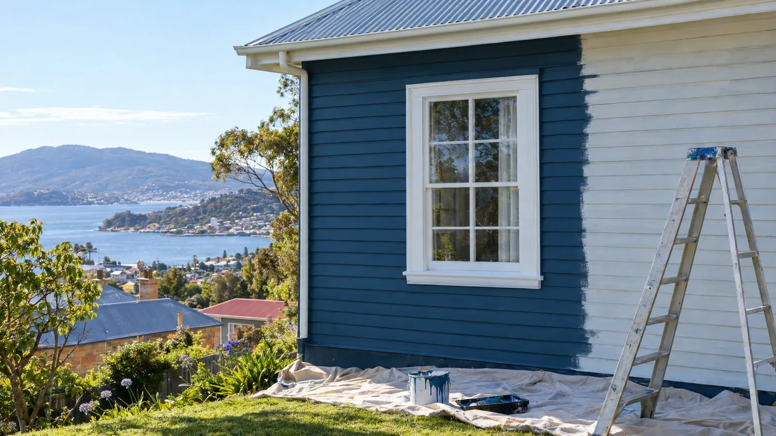 Weatherboards part way through a repaint, with a ladder and drop sheets.